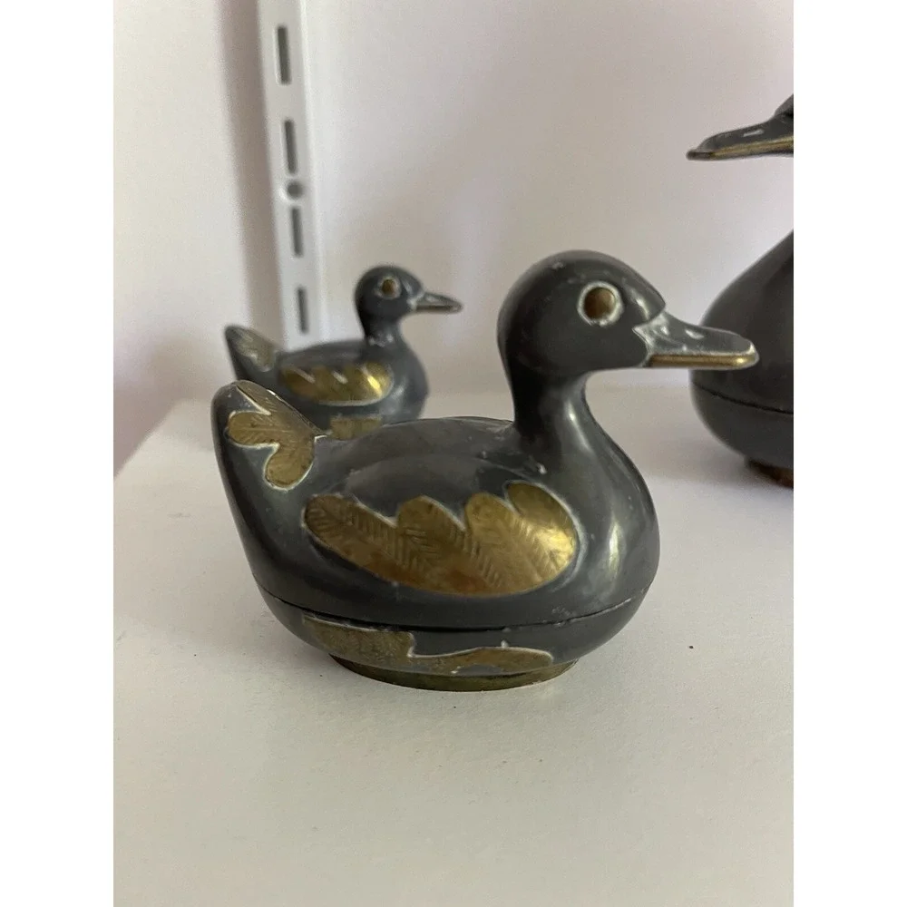 Vintage Solid Pewter and Brass Tin Duck Family Lidded Boxes - Set of 3 Hong Kon